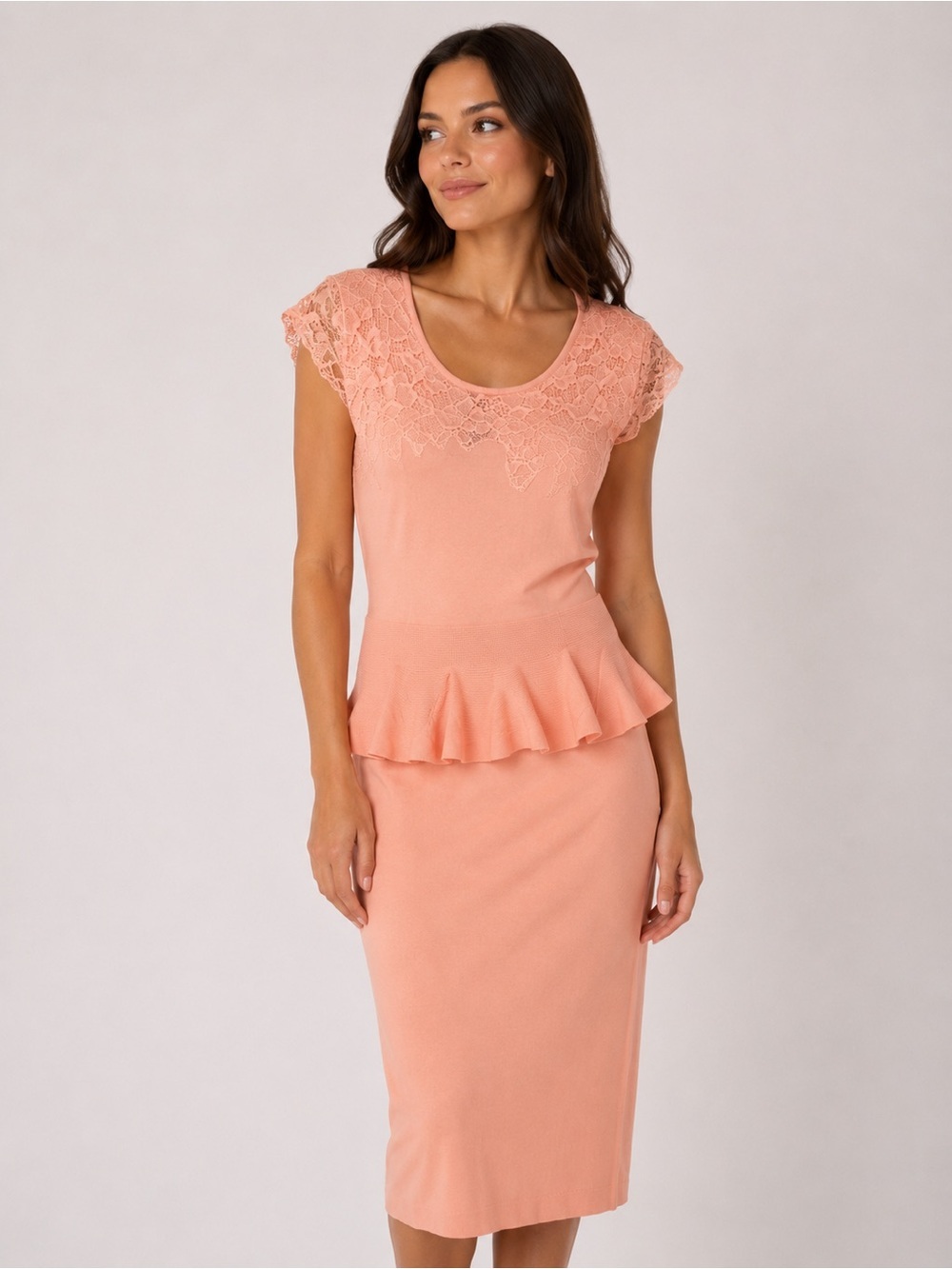Eva Mendes for New York & Company Peach Lace Yoke Peplum Midi Dress